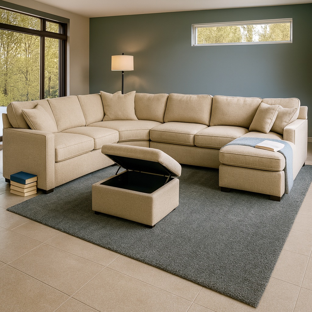 Sillon sofa esquinero BRISA 3.30 x 2.60 x 1.60 + puff baul en U moderno living en L | pana lino o cuerina cuero talampaya