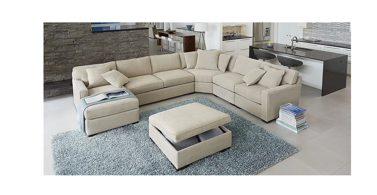 Sillon sofa esquinero BRISA 3.30 x 2.60 x 1.60 + puff baul en U moderno living en L | pana lino o cuerina cuero talampaya
