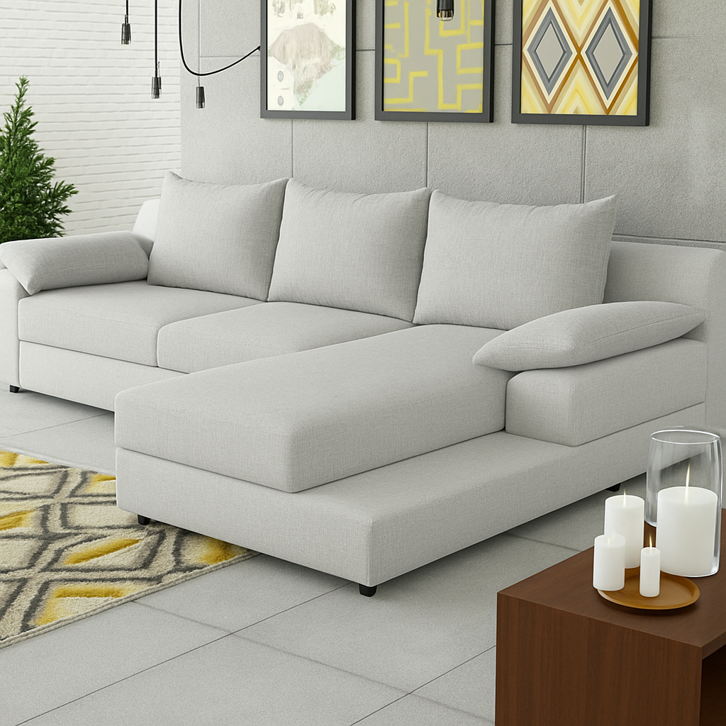 Sillon sofa esquinero TROYA 2.20 x 1.60 moderno living en L 3 cuerpos | pana lino o cuerina cuero talampaya