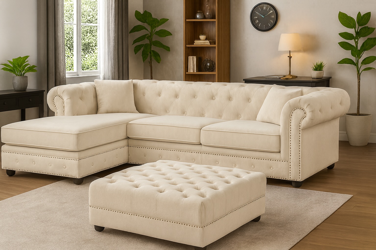 Sillon sofa esquinero chesterfield OSLO 2.10 x 1.70 + puff moderno living en L 3 cuerpos | pana lino o cuerina cuero talampaya