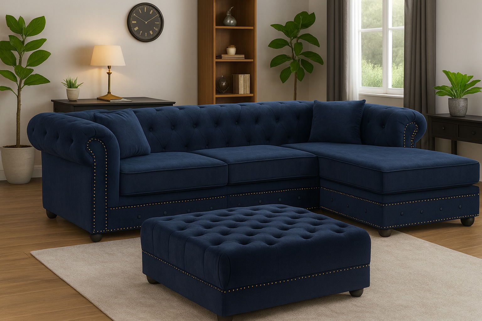 Sillon sofa esquinero chesterfield OSLO 2.10 x 1.70 + puff moderno living en L 3 cuerpos | pana lino o cuerina cuero talampaya