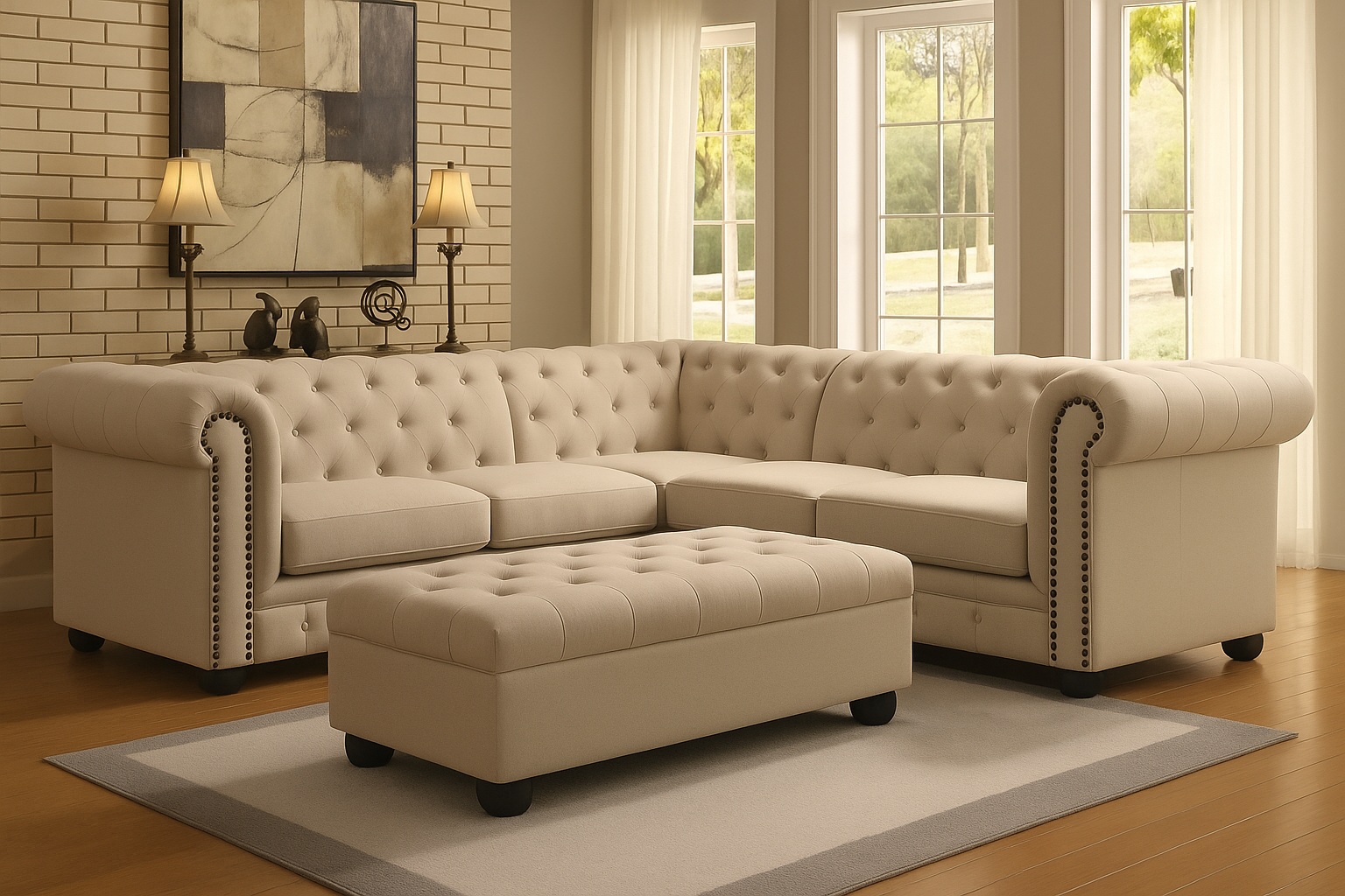 Sillon sofa esquinero rinconero chesterfield 2.50 x 2.50 + puff camastro moderno living en L | pana lino o cuerina cuero talampaya