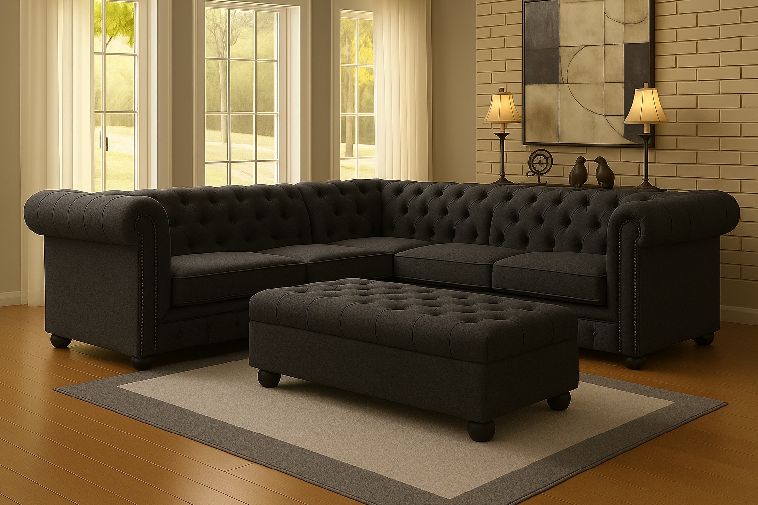 Sillon sofa esquinero rinconero chesterfield 2.50 x 2.50 + puff camastro moderno living en L | pana lino o cuerina cuero talampaya