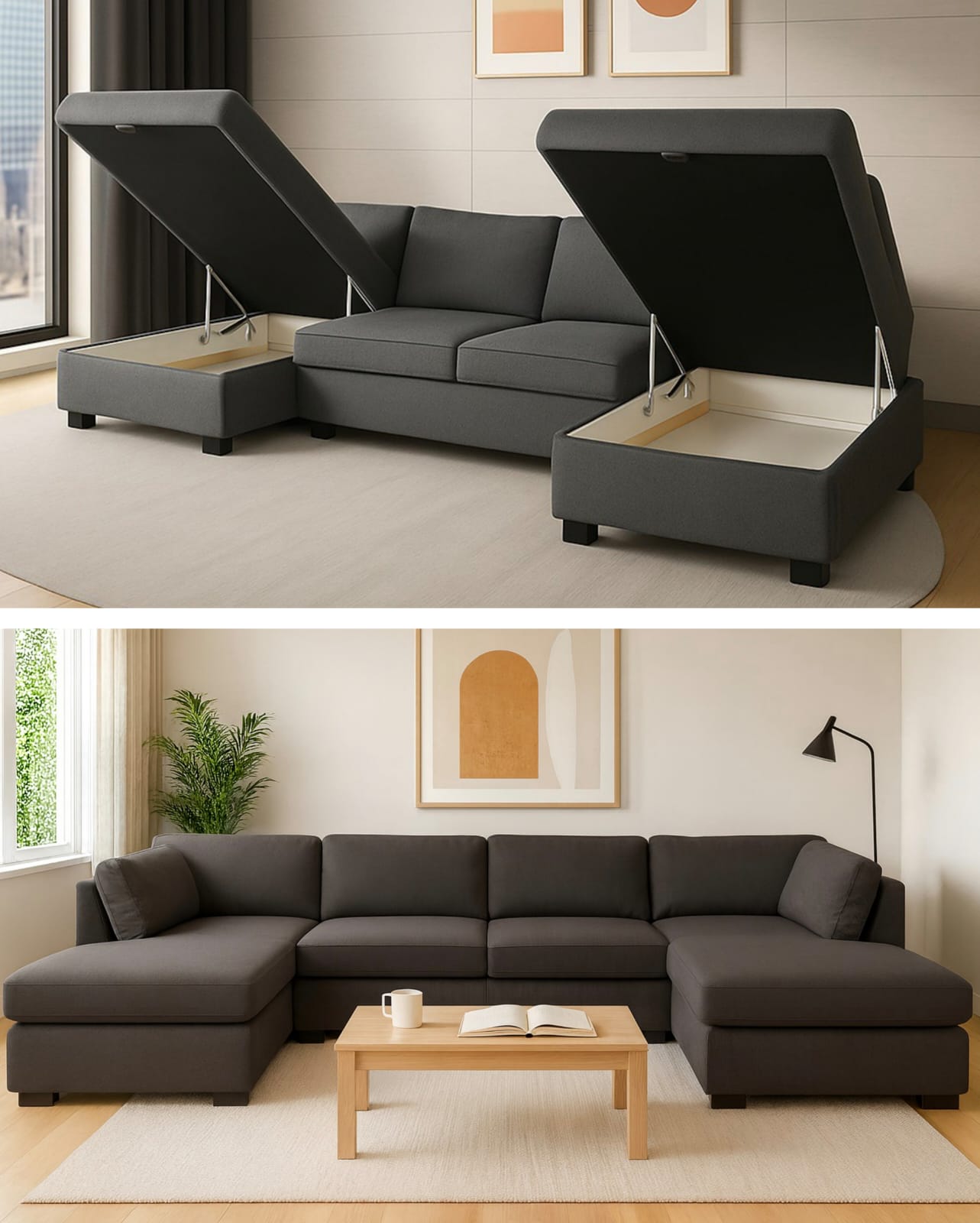 Sillon sofa esquinero SINGAPUR baul 3.00 x 1.60 x 1.60 en U moderno living en L | pana lino o cuerina cuero talampaya