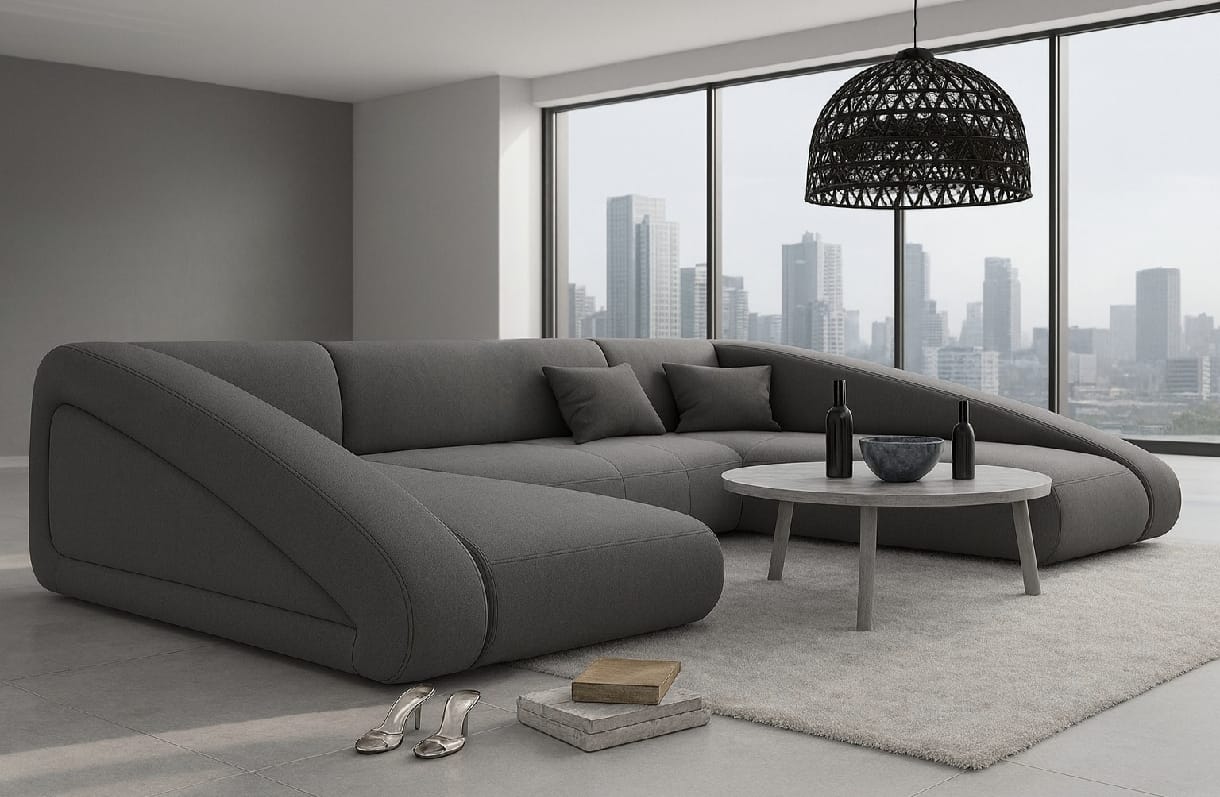 Sillon sofa esquinero ESPACIAL 3.20 x 1.60 x 1.60 en U moderno living en L | pana lino o cuerina cuero talampaya